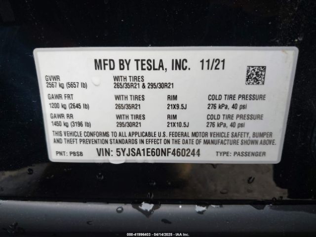 5YJSA1E60NF460244 Tesla Model S Plaid Tri Motor All-wheel Drive