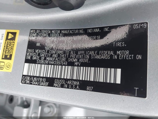 5TDBZRFH4KS997648 Toyota Highlander Le
