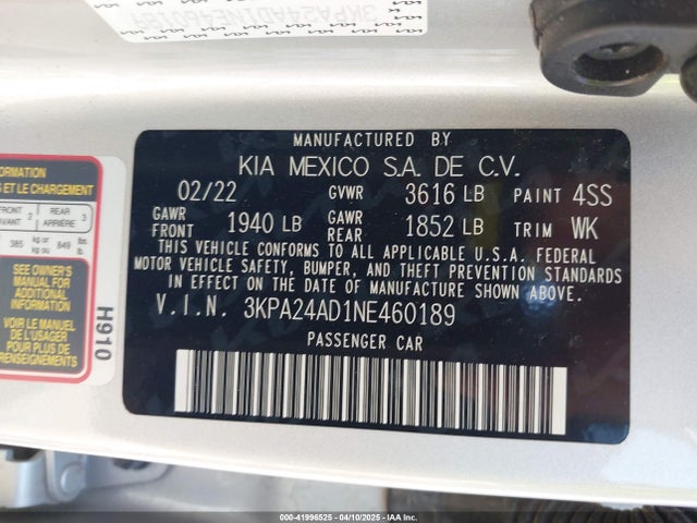 3KPA24AD1NE460189 KIA RIO S