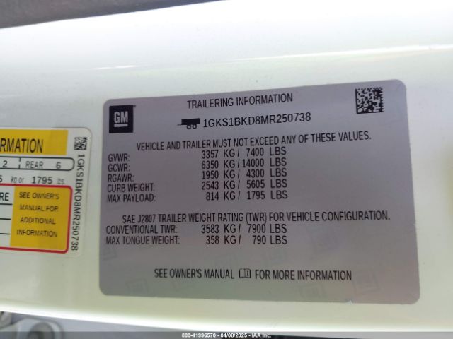 1GKS1BKD8MR250738 GMC Yukon 2wd Slt