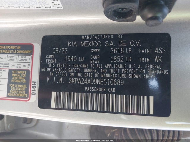 3KPA24AD9NE510689 KIA mpi gamma ii