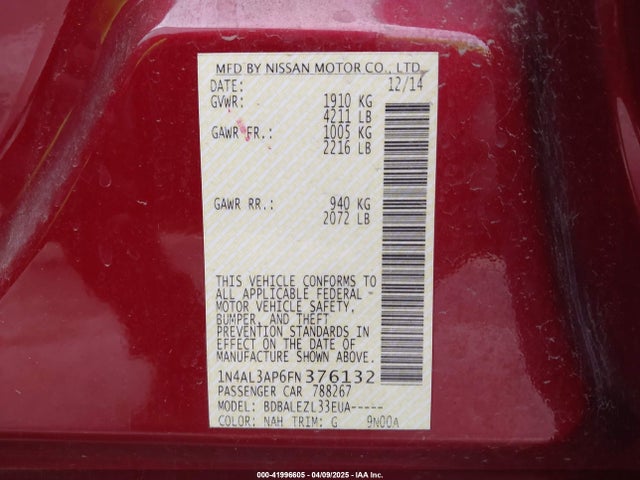 1N4AL3AP6FN376132 Nissan Altima 2.5/2.5 S/2.5 Sl/2.5 Sv