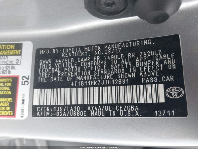 4T1B11HK7JU012881 Toyota CAMRY XLE
