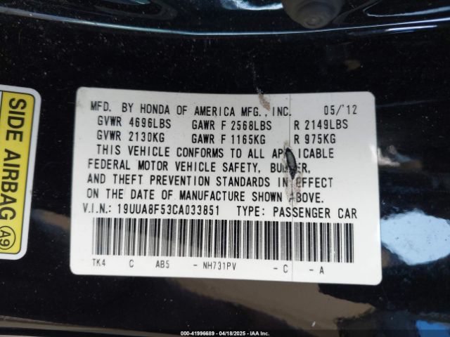 2012 ACURA TL 19UUA8F53CA033851 Photo 8