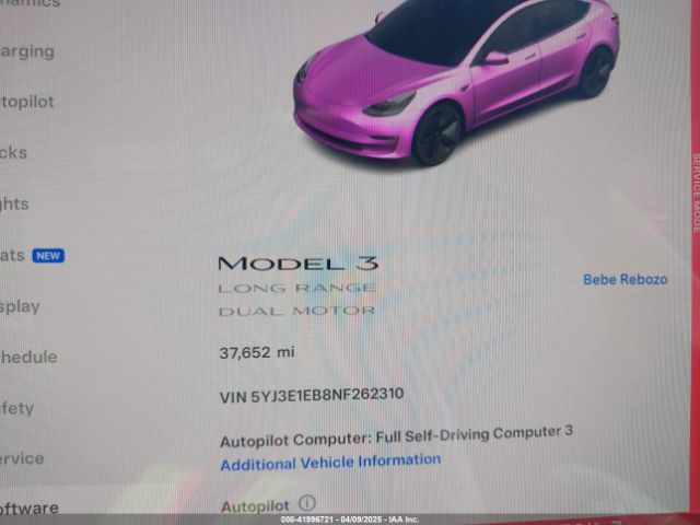 5YJ3E1EB8NF262310 Tesla Model 3 Long Range Dual Motor All-wheel Drive