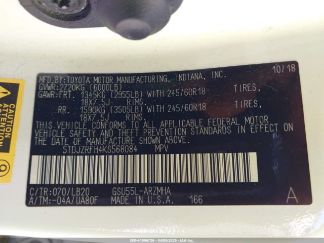 5TDJZRFH4KS568084 Toyota Highlander Xle