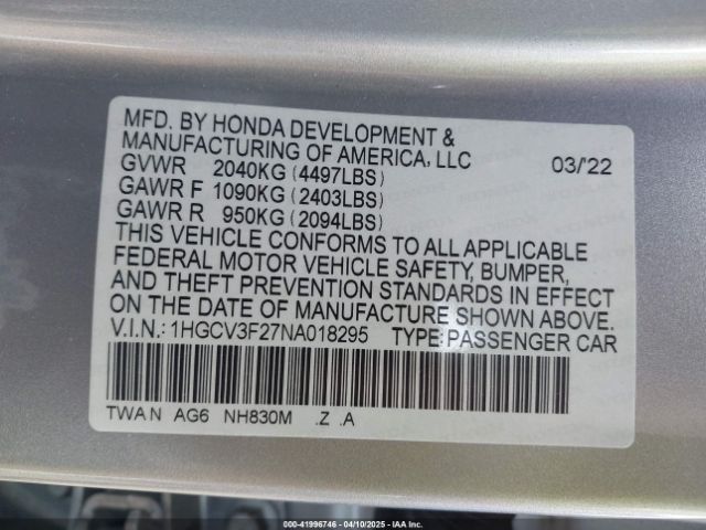 1HGCV3F27NA018295 Honda Accord Hybrid Sport