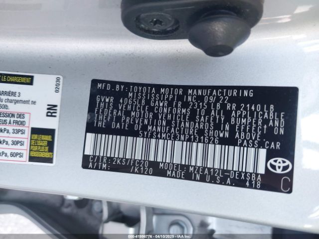 5YFS4MCE3NP131626 Toyota COROLLA SE