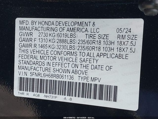 2024 HONDA ODYSSEY 5FNRL6H68RB061136 Photo 8