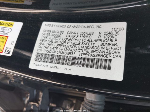 1HGCV3F57MA000887 Honda Accord Hybrid Ex-l