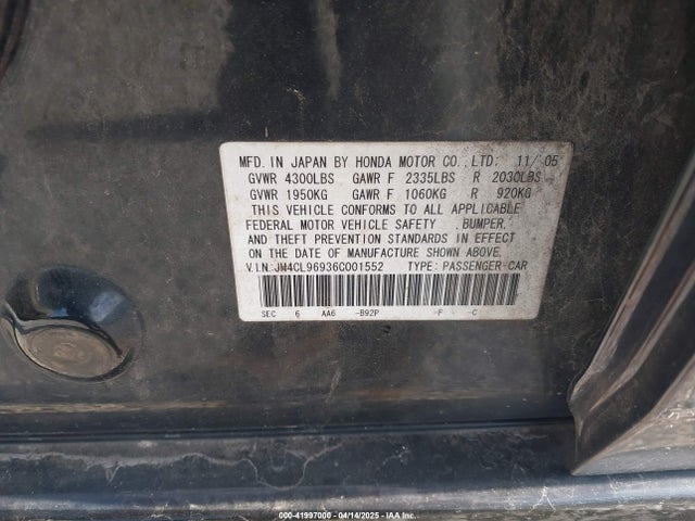 41997000 :رقم المزاد ، JH4CL96936C001552 vin ، 2006 Acura Tsx مزاد بيع