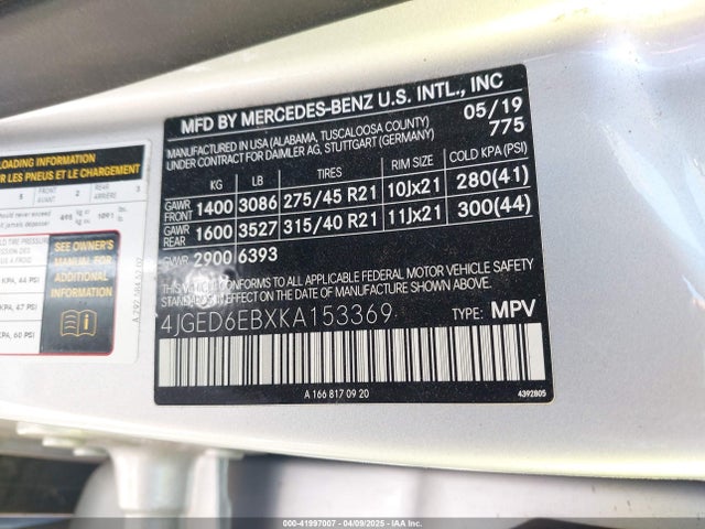 Mercedes-Benz m276 2019 4JGED6EBXKA153369 Image 9