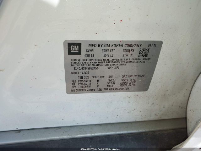 KL4CJGSB4GB689275 Buick Encore Leather