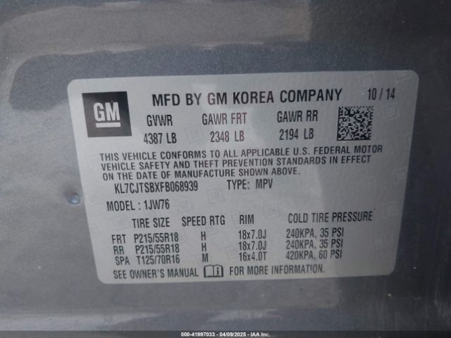 KL7CJTSBXFB068939 Chevrolet TRAX LTZ