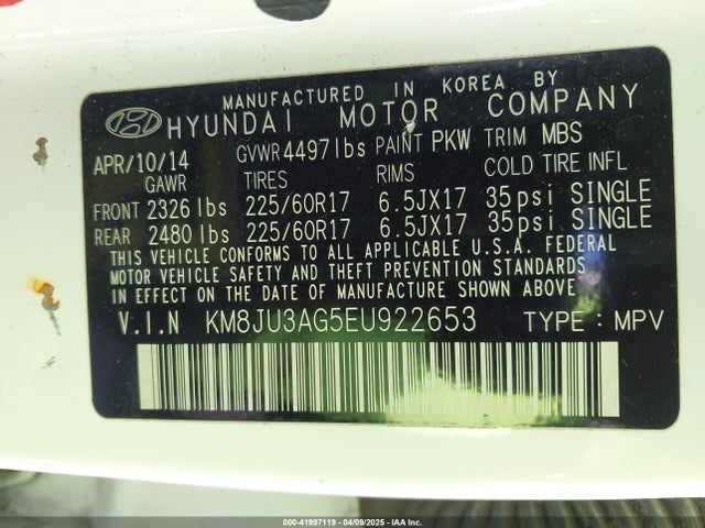 KM8JU3AG5EU922653 Hyundai TUCSON SE