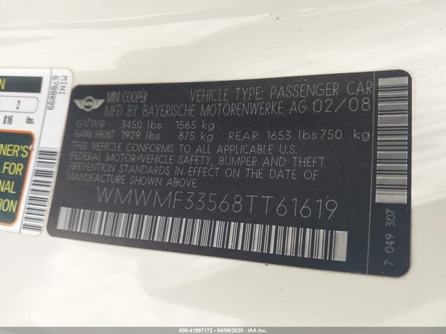 2008 MINI COOPER WMWMF33568TT61619 Photo 8