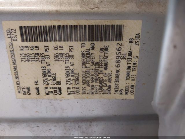 5N1BT3BB8NC689562 Nissan Rogue Sv Intelligent Awd
