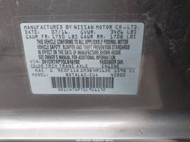 3N1CN7AP7GL916192 Nissan Versa 1.6 S+