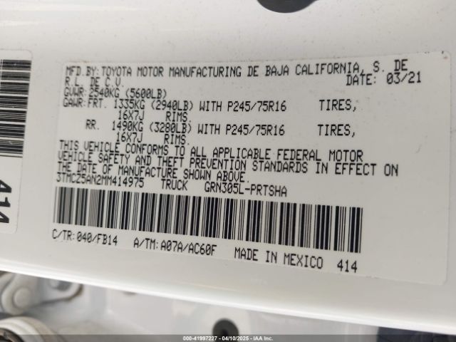 3TMCZ5AN2MM414975 Toyota Tacoma Sr V6