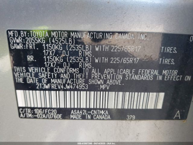 2T3WFREV4JW474953 Toyota Rav4 Xle