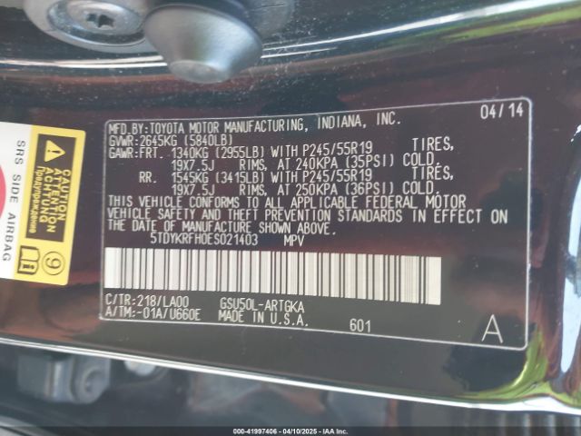 5TDYKRFH0ES021403 Toyota Highlander Limited V6