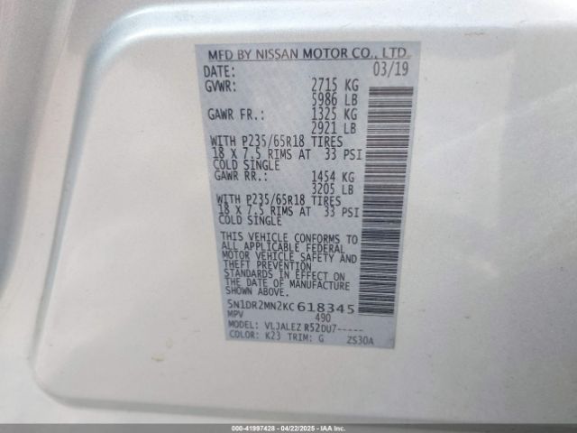 5N1DR2MN2KC618345 Nissan Pathfinder Sv