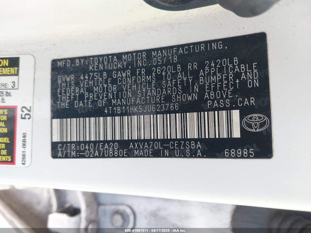 4T1B11HK5JU623766 Toyota CAMRY SE