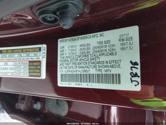 5J6RW2H81HL058621 Honda Cr-v Ex-l/ex-l Navi