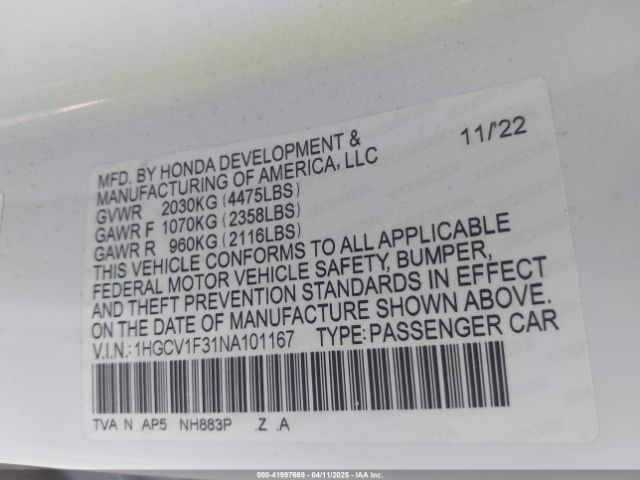 1HGCV1F31NA101167 Honda l15be