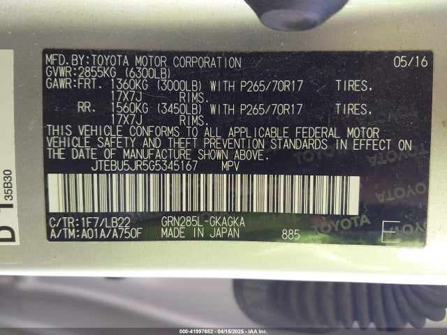 Toyota 4runner Sr5 Premium 2016 JTEBU5JR5G5345167 Image 9