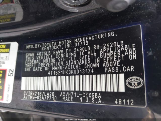 4T1B21HK0KU013174 Toyota Camry Hybrid Xle