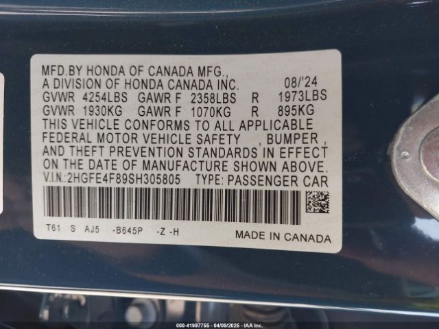 2HGFE4F89SH305805 Honda Civic  Hybrid Sport/sport Touring