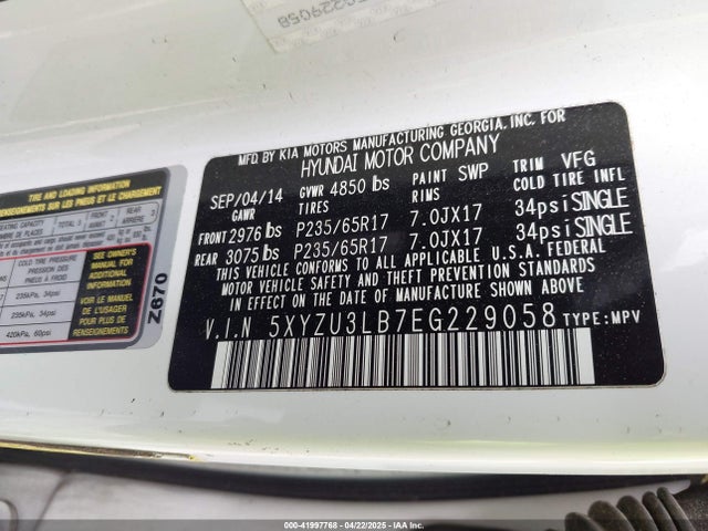 5XYZU3LB7EG229058 Hyundai Santa Fe Sport 2.4l