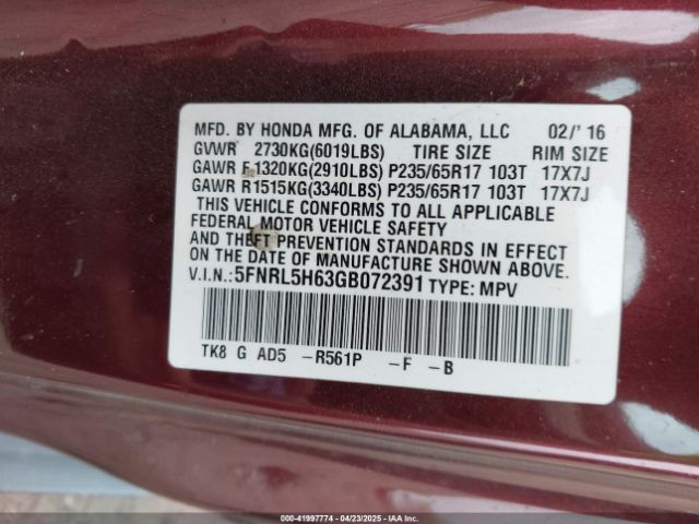 5FNRL5H63GB072391 Honda Odyssey Ex-l