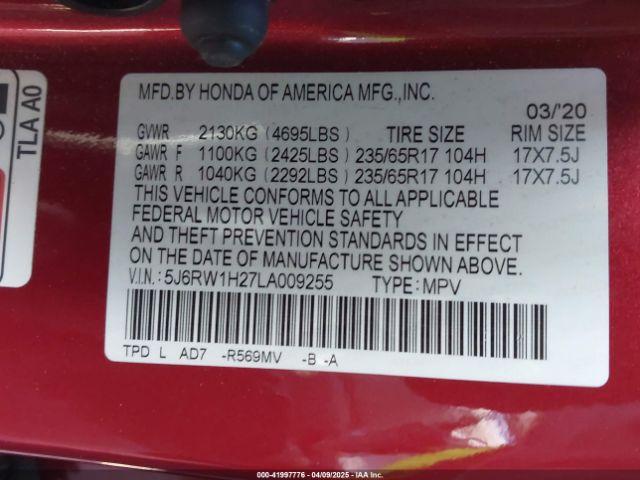 5J6RW1H27LA009255 Honda Cr-v 2wd Lx