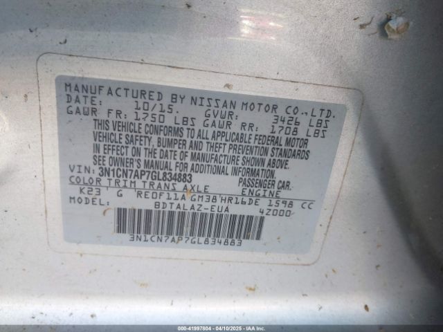 3N1CN7AP7GL834883 Nissan Versa 1.6 S+