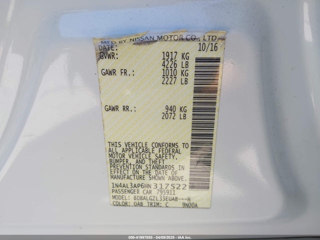 1N4AL3AP6HN317522 Nissan Altima 2.5 S