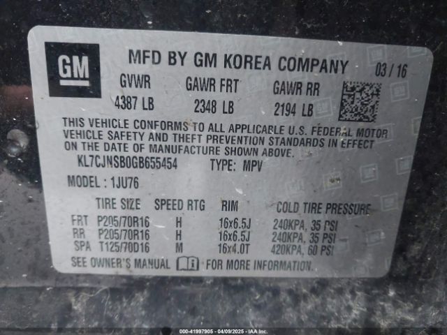 KL7CJNSB0GB655454 Chevrolet Trax 1ls