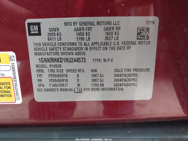 Chevrolet Traverse 2lt 2017 1GNKRHKD1HJ244573 Image 9
