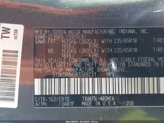 5TDKDRBH3RS569231 Toyota Highlander Xle