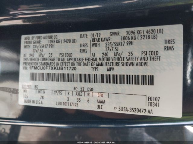 1FMCU0F7XKUB11720 Ford ESCAPE S