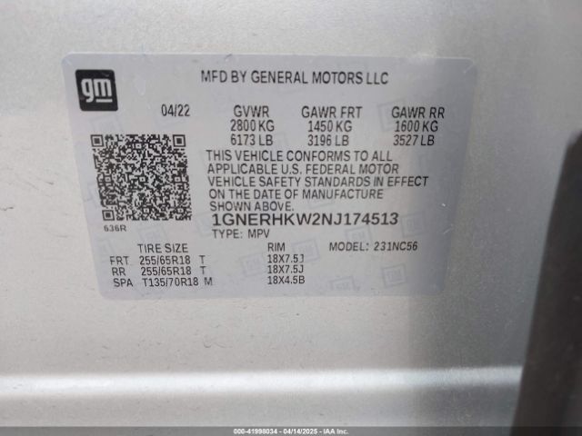 1GNERHKW2NJ174513 Chevrolet Traverse Fwd Lt Leather
