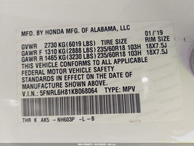 5FNRL6H81KB068064 Honda Odyssey Touring