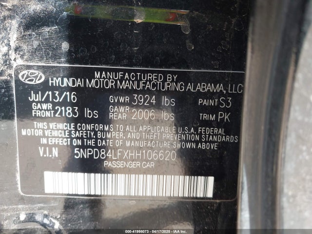 5NPD84LFXHH106620 Hyundai Elantra Limited