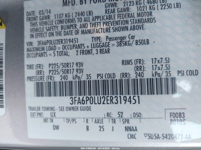 3FA6P0LU2ER319451 Ford Fusion Hybrid Se