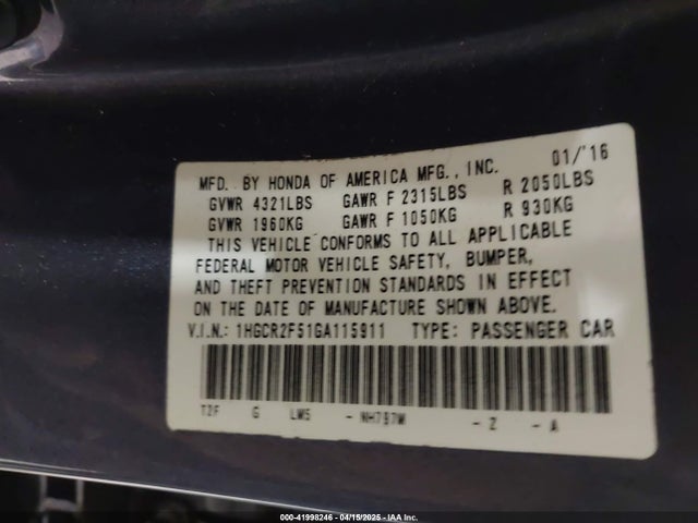 1HGCR2F51GA115911 Honda Accord Sport
