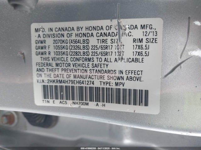 2HKRM4H79EH641274 Honda Cr-v Ex-l
