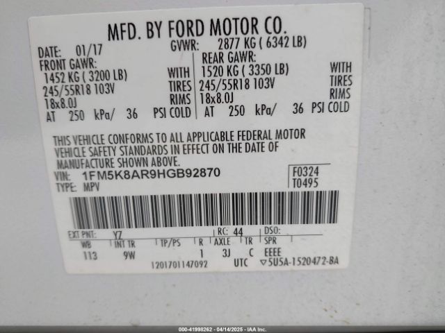 1FM5K8AR9HGB92870 Ford Police Interceptor