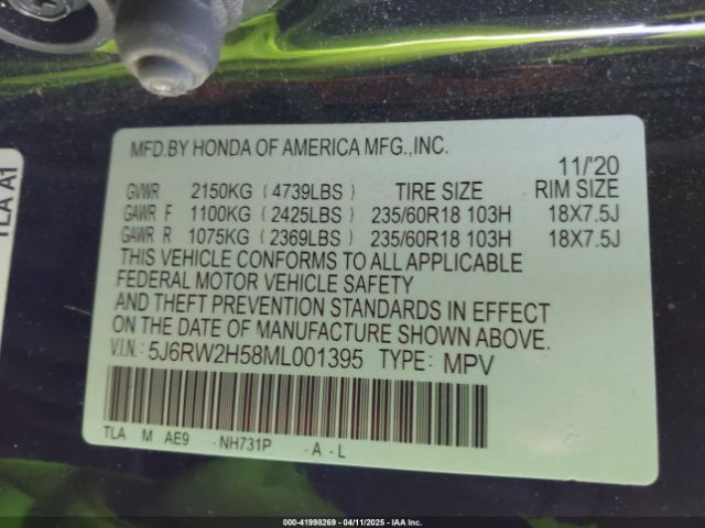 5J6RW2H58ML001395 Honda Cr-v Awd Ex