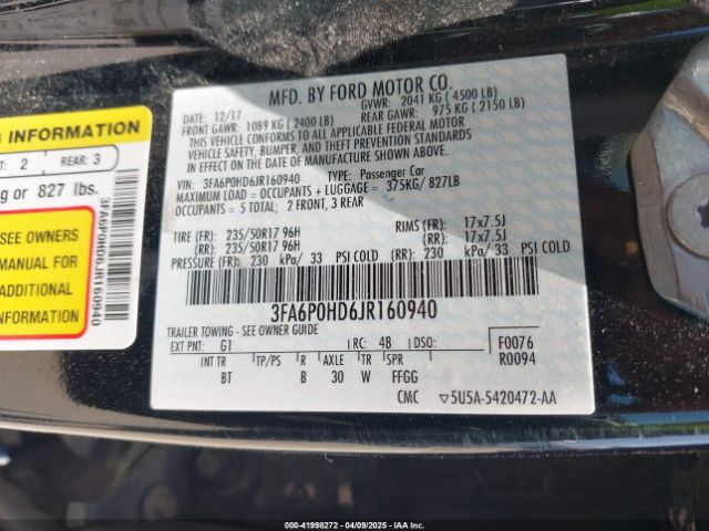 3FA6P0HD6JR160940 Ford FUSION SE